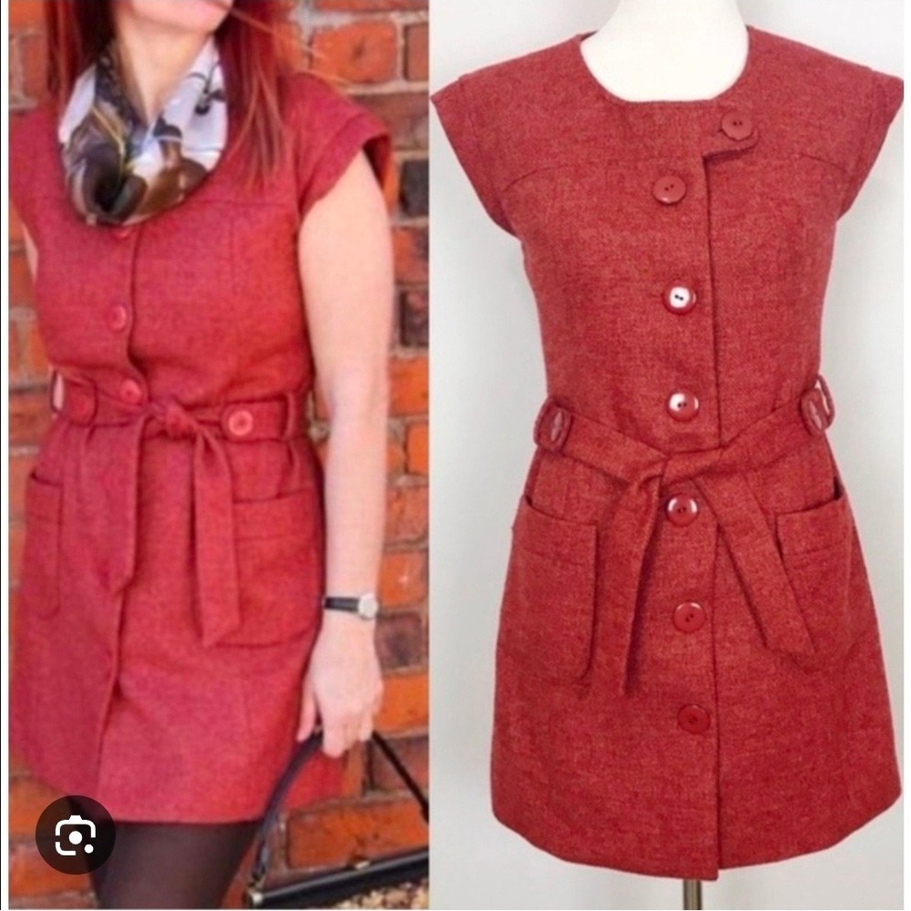 Tabitha Anthropologie Blustery Days Belted Vest Tunic Wool Blend Orange Size 8